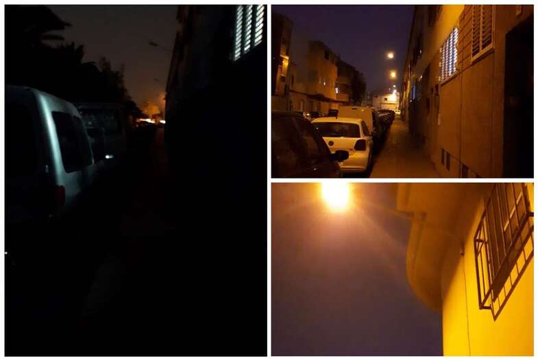 Calle sin el alumbrado público encendido y luego con las farolas en funcionamiento (Fto TA)